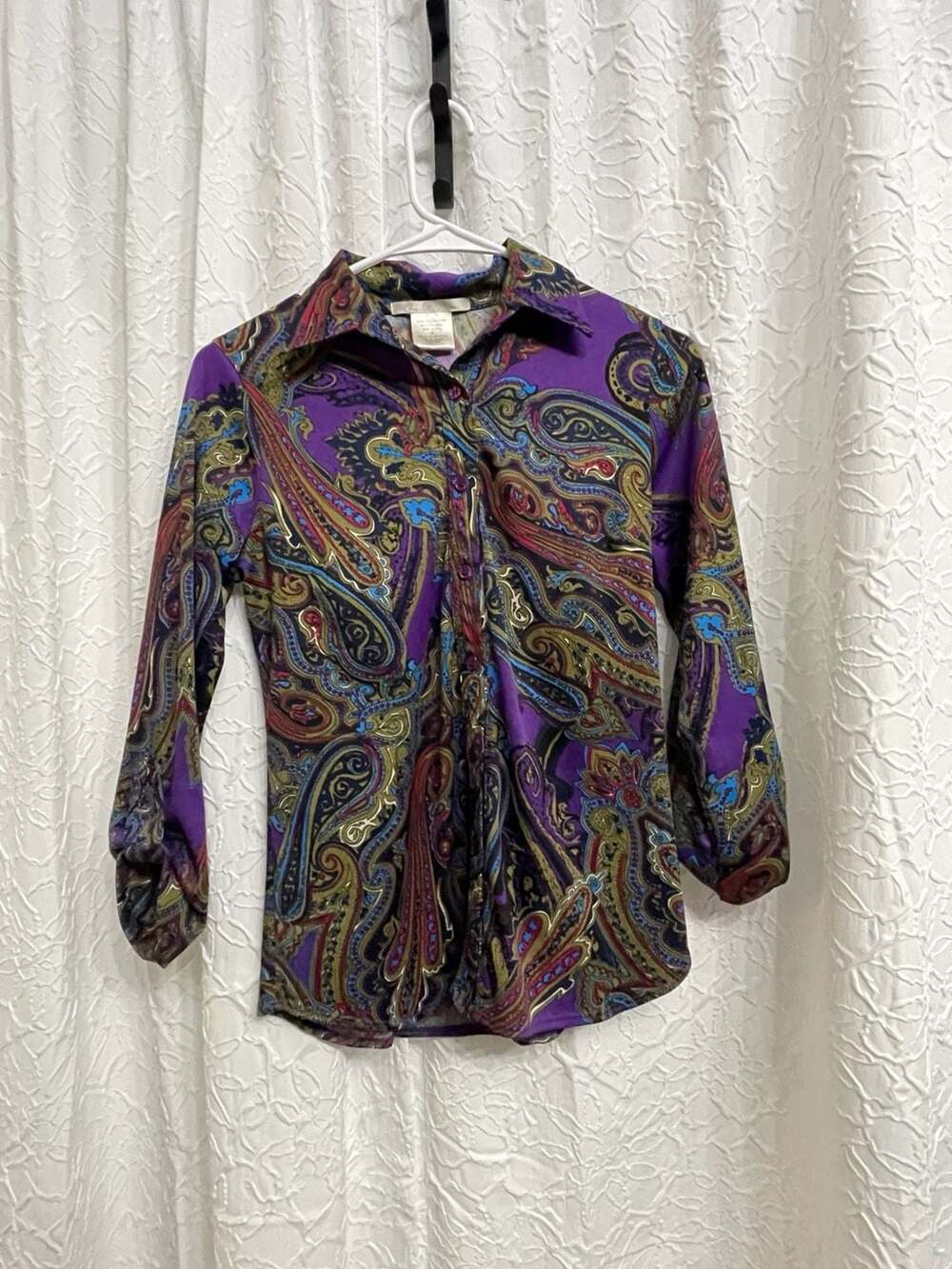 Charlotte Russe Paisley Print Button Up Blouse Size S Purple Long Sleeve Top